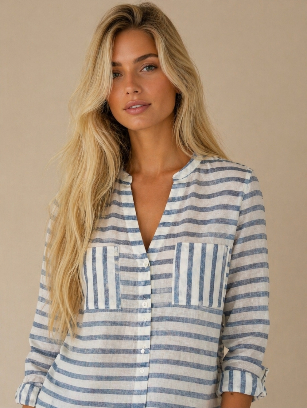 RENUAR LINEN STRIPED BUTTON FRONT BLOUSE XS BLUE WHITE LIGHTWEIGHT